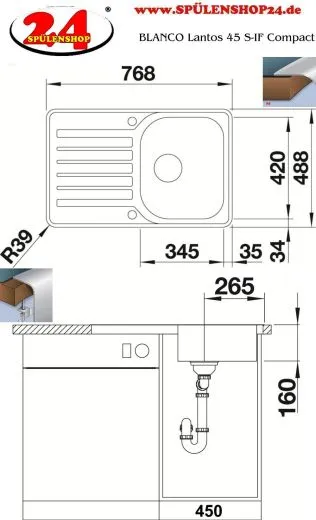 BLANCO Kchensple Lantos 45 S-IF Compact Edelstahlsple / Einbausple Flachrand mit Siebkorb als Drehknopfventil