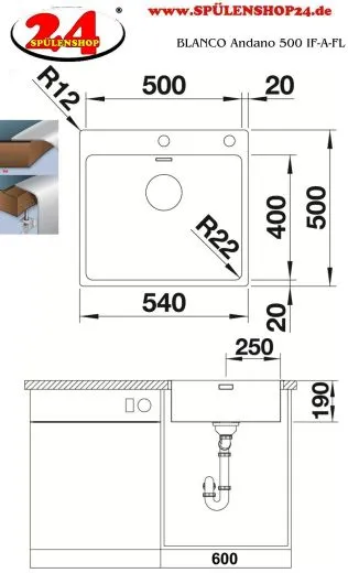 BLANCO Kchensple Andano 500-IF/A Edelstahlsple / Einbausple Flachrand mit Ablaufsystem InFino und PushControl