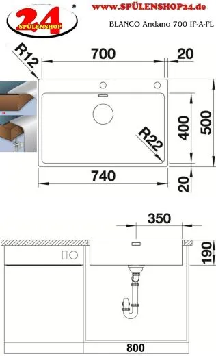BLANCO Kchensple Andano 700-IF/A Edelstahlsple / Einbausple Flachrand mit Ablaufsystem InFino und PushControl