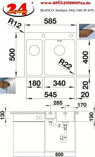 BLANCO Kchensple Andano 340/180-IF/A Edelstahlsple / Einbausple Flachrand mit Ablaufsystem InFino und PushControl
