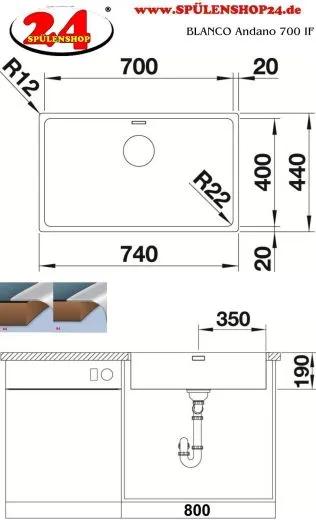 BLANCO Kchensple Andano 700-IF Edelstahlsple / Einbausple Flachrand mit Ablaufsystem InFino und Handbettigung