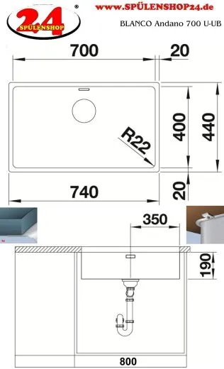 BLANCO Kchensple Andano 700-U Edelstahlsple / Unterbaubecken mit Ablaufsystem InFino und Handbettigung