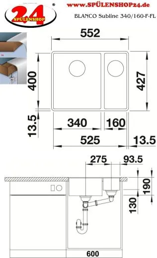 BLANCO Subline 340/160-F Silgranit PuraDurII Granitsple Flchenbndig Ablaufsystem InFino mit Handbettigung