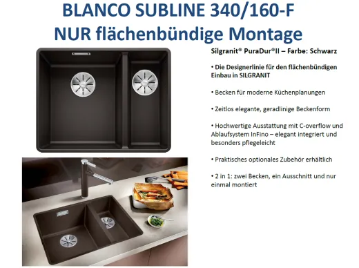 BLANCO Subline 340/160-F Silgranit PuraDurII Granitsple Flchenbndig Ablaufsystem InFino mit Handbettigung