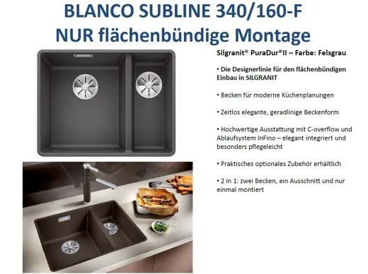 BLANCO Subline 340/160-F Silgranit PuraDurII Granitsple Flchenbndig Ablaufsystem InFino mit Handbettigung