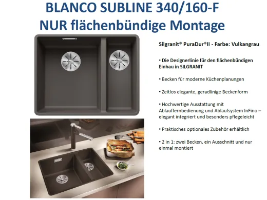 BLANCO Subline 340/160-F Silgranit PuraDurII Granitsple Flchenbndig Ablaufsystem InFino mit Handbettigung