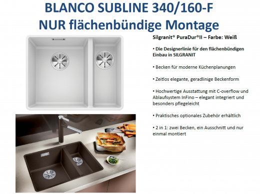 BLANCO Subline 340/160-F Silgranit PuraDurII Granitsple Flchenbndig Ablaufsystem InFino mit Handbettigung