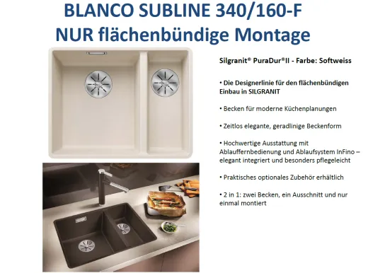 BLANCO Subline 340/160-F Silgranit PuraDurII Granitsple Flchenbndig Ablaufsystem InFino mit Handbettigung