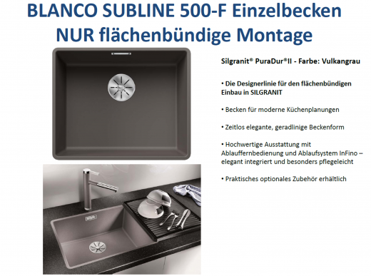 BLANCO Subline 500-F Silgranit PuraDurII Granitsple Flchenbndig Ablaufsystem InFino mit Handbettigung