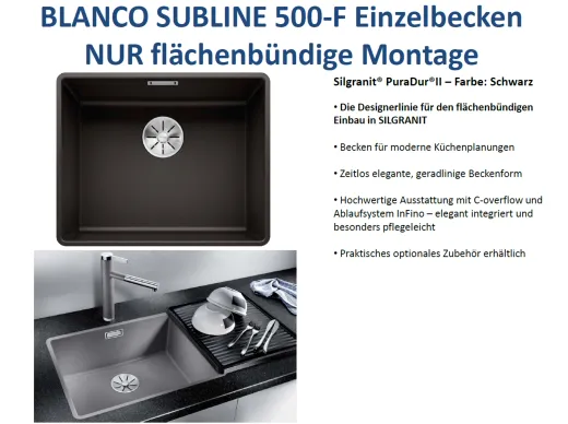 BLANCO Subline 500-F Silgranit PuraDurII Granitsple Flchenbndig Ablaufsystem InFino mit Handbettigung