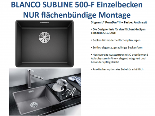 BLANCO Subline 500-F Silgranit PuraDurII Granitsple Flchenbndig Ablaufsystem InFino mit Handbettigung
