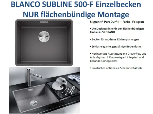 BLANCO Subline 500-F Silgranit PuraDurII Granitsple Flchenbndig Ablaufsystem InFino mit Handbettigung