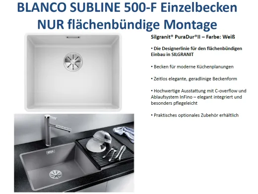 BLANCO Subline 500-F Silgranit PuraDurII Granitsple Flchenbndig Ablaufsystem InFino mit Handbettigung