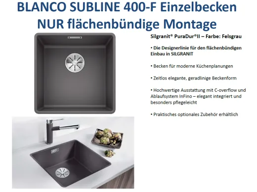 BLANCO Subline 400-F Silgranit PuraDurII Granitsple Flchenbndig Ablaufsystem InFino mit Handbettigung