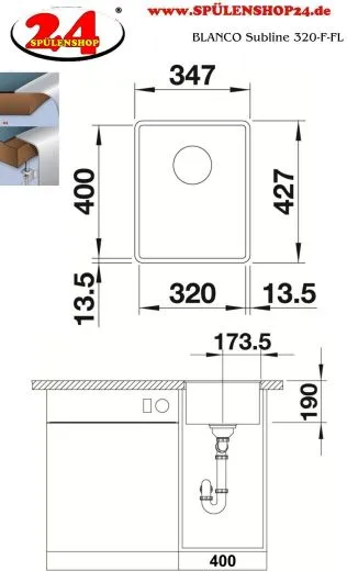 BLANCO Subline 320-F Silgranit PuraDurII Granitsple Flchenbndig Ablaufsystem InFino mit Handbettigung