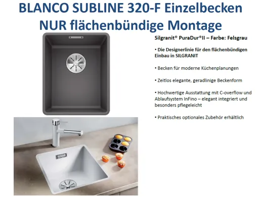 BLANCO Subline 320-F Silgranit PuraDurII Granitsple Flchenbndig Ablaufsystem InFino mit Handbettigung