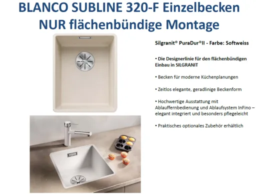 BLANCO Subline 320-F Silgranit PuraDurII Granitsple Flchenbndig Ablaufsystem InFino mit Handbettigung
