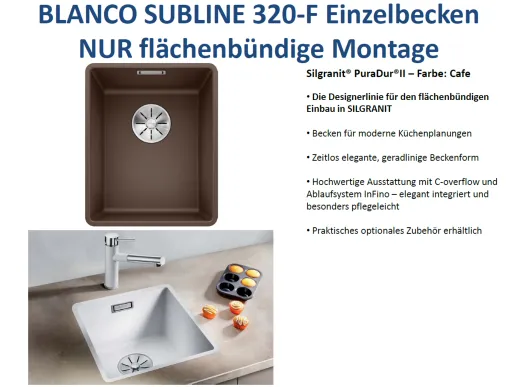 BLANCO Subline 320-F Silgranit PuraDurII Granitsple Flchenbndig Ablaufsystem InFino mit Handbettigung