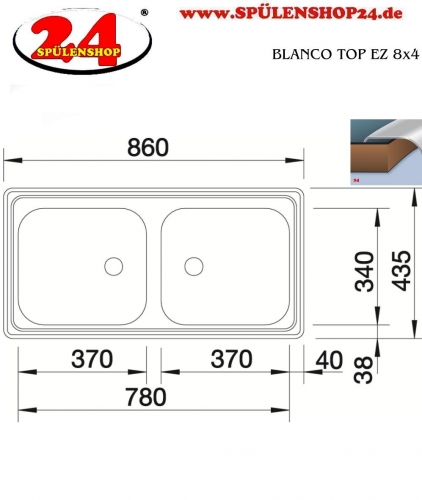 BLANCO Kchensple TOP EZ 8x4 ohne Hahnlochbohrung Edelstahlsple / Doppelbecken Ablauf mit Gummistopfen