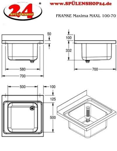 KWC PROFESSIONAL Maxima MAXL 100-70 Gewerbesple Auflage / Abdeckung fr Spltisch 1 Becken (700x700mm)