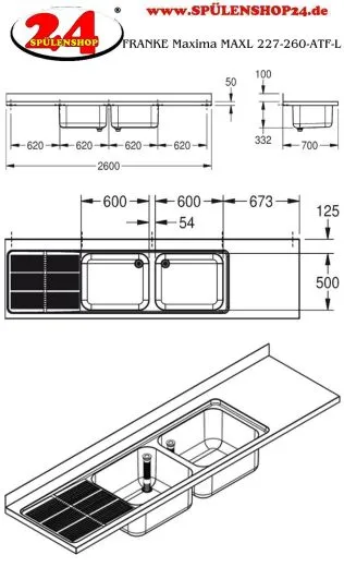KWC PROFESSIONAL Maxima MAXL 227-260-ATF-L Gewerbesple Auflage / Abdeckung fr Spltisch Becken mittig (2600x700mm)