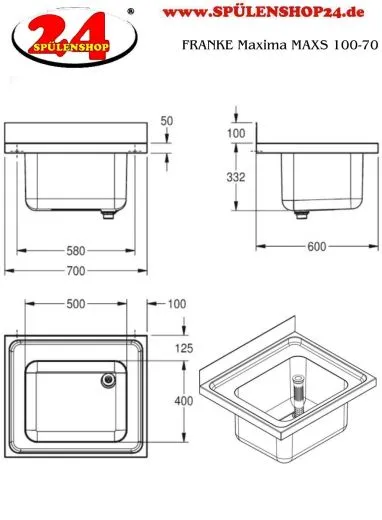 KWC PROFESSIONAL Maxima MAXS 100-70 Gewerbesple Auflage / Abdeckung fr Spltisch 1 Becken (700x600mm)