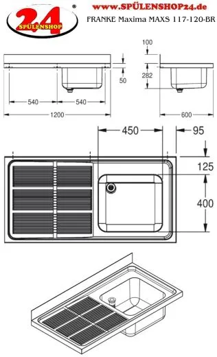 KWC PROFESSIONAL Maxima MAXS 117-120-BR Gewerbesple Auflage / Abdeckung fr Spltisch Becken rechts (1200x600mm)