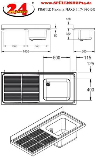 KWC PROFESSIONAL Maxima MAXS 117-140-BR Gewerbesple Auflage / Abdeckung fr Spltisch Becken rechts (1400x600mm)