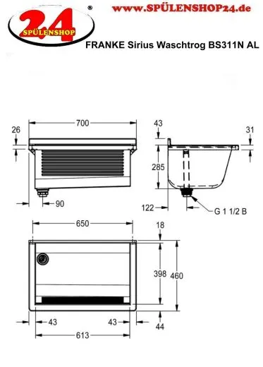 KWC PROFESSIONAL Sirius Universalwaschtrog BS311N fugenlos verschweiter Waschtrog fr Wandmontage Ablauf links