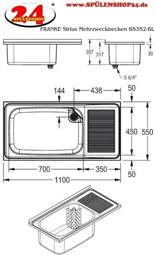 KWC PROFESSIONAL Sirius Mehrzweckbecken BS352 fr Auflage- oder Wandmontage Abtropfflche rechts / Becken links