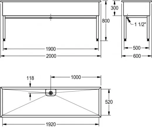 KWC PROFESSIONAL Sirius Werkraumbecken SIRX753 Reinigungsbecken Edelstahl mit Standrohrventil (2000x600mm)