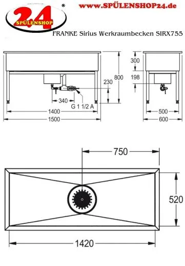 KWC PROFESSIONAL Sirius Werkraumbecken SIRX755 Reinigungsbecken / Schlammfangbecken Edelstahl (1500x600mm)