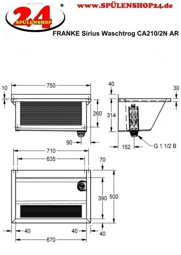 KWC PROFESSIONAL Sirius Universalwaschtrog CA210/2N fugenlos verschweiter Waschtrog fr Wandmontage Ablauf rechts