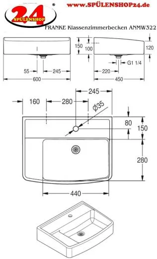 KWC PROFESSIONAL Klassenzimmerbecken ANMW322 MIRANIT fr Wandmontage rechteckige Mulde