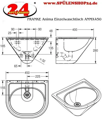 KWC PROFESSIONAL Anima Einzelwaschtisch ANMX450 fr Wandmontage fugenlos eingeschweites Becken