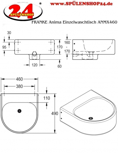 KWC PROFESSIONAL Anima Einzelwaschtisch ANMX460 fr Wandmontage fugenlos eingeschweites Becken ohne Hahnlochbohrung