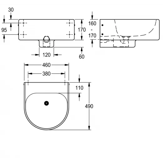 KWC PROFESSIONAL Anima Einzelwaschtisch ANMX460 fr Wandmontage fugenlos eingeschweites Becken ohne Hahnlochbohrung