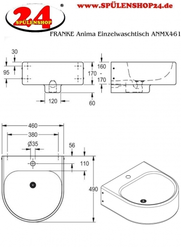 KWC PROFESSIONAL Anima Einzelwaschtisch ANMX461 fr Wandmontage fugenlos eingeschweites Becken mit Armaturenbohrung  35mm