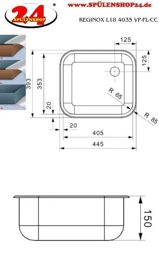 REGINOX Clean & Care L18 4035 (L) VP-CC Einbausple Edelstahl mit Flachrand 3 in 1 ohne berlauf medizinischer Bereich