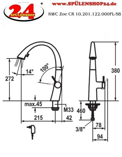KWC Kchenarmatur Zoe 10.201.122.000FL Einhebelmischer Chrom mit Geschirrbrause und LEDShine (122916)