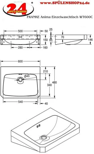 KWC PROFESSIONAL Anima Einzelwaschtisch WT600C fr Wandmontage fugenlos eingeschweites Becken ohne Hahnlochbohrung