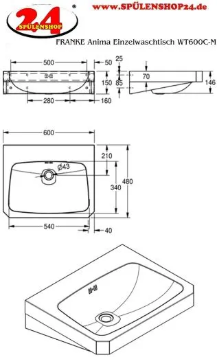 KWC PROFESSIONAL Anima Einzelwaschtisch WT600C-M fr Wandmontage fugenlos eingeschweites Becken mit Armaturenbohrung  35mm