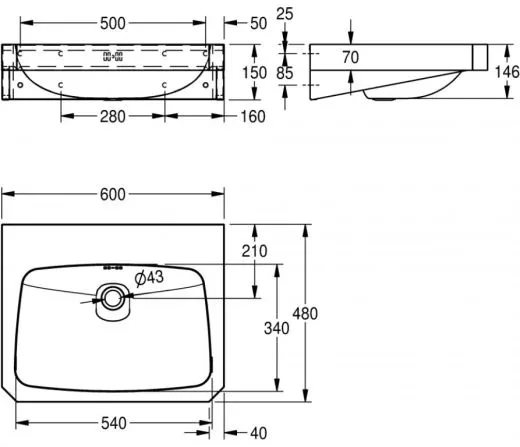 KWC PROFESSIONAL Anima Einzelwaschtisch WT600C-M fr Wandmontage fugenlos eingeschweites Becken mit Armaturenbohrung  35mm