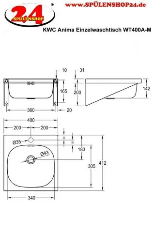 KWC PROFESSIONAL Anima Einzelwaschtisch WT400A-M fr Wandmontage fugenlos eingeschweites Becken mit Armaturenbohrung  35mm