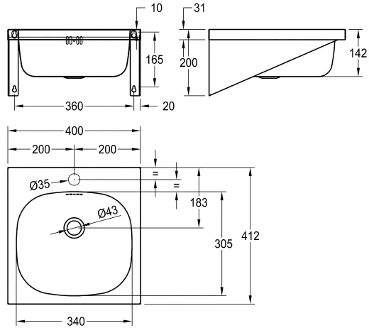 KWC PROFESSIONAL Anima Einzelwaschtisch WT400A-M fr Wandmontage fugenlos eingeschweites Becken mit Armaturenbohrung  35mm
