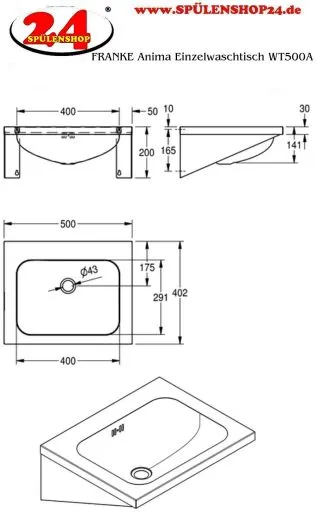 KWC PROFESSIONAL Anima Einzelwaschtisch WT500A fr Wandmontage fugenlos eingeschweites Becken ohne Hahnlochbohrung