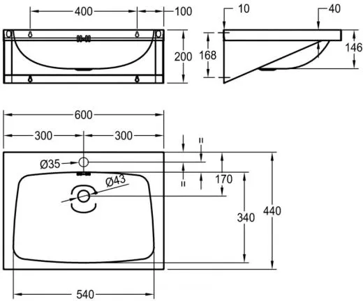 KWC PROFESSIONAL Anima Einzelwaschtisch WT600A-M fr Wandmontage fugenlos eingeschweites Becken mit Armaturenbohrung  35mm