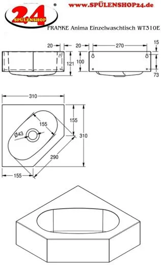 KWC PROFESSIONAL Anima Einzelwaschtisch WT310E fr die Wand-Eckmontage fugenlos eingeschweites Becken ohne Hahnlochbohrung