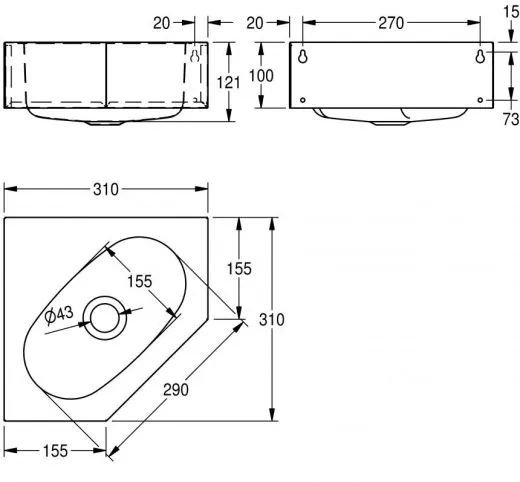 KWC PROFESSIONAL Anima Einzelwaschtisch WT310E fr die Wand-Eckmontage fugenlos eingeschweites Becken ohne Hahnlochbohrung