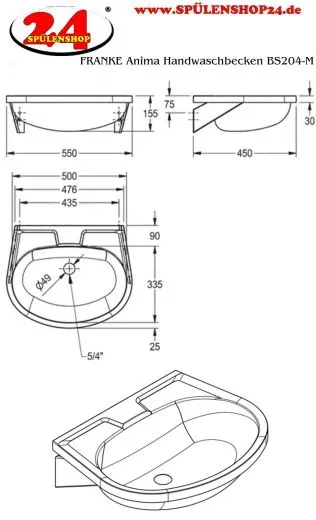 KWC PROFESSIONAL Anima Handwaschbecken BS204-M fr Wandmontage fugenlos eingeschweites Becken ohne berlauf mit Armaturenbohrung  35mm